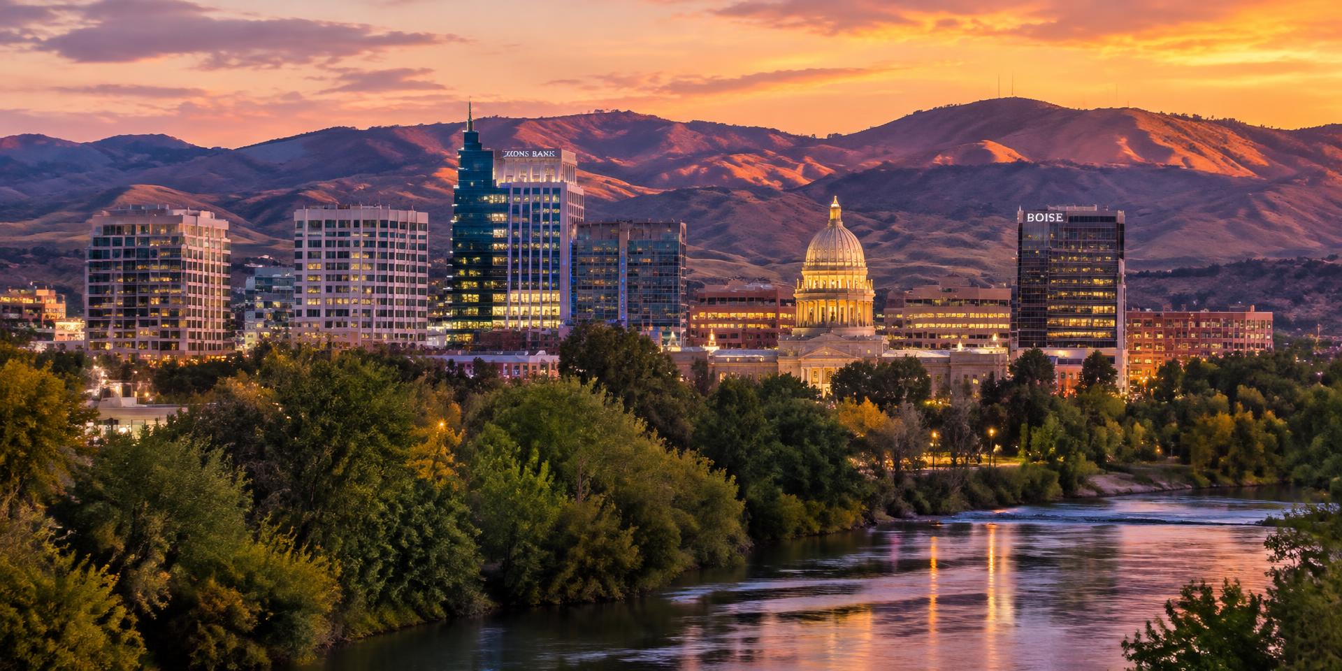 Downtown Boise skyline and Idaho State Capitol at sunset